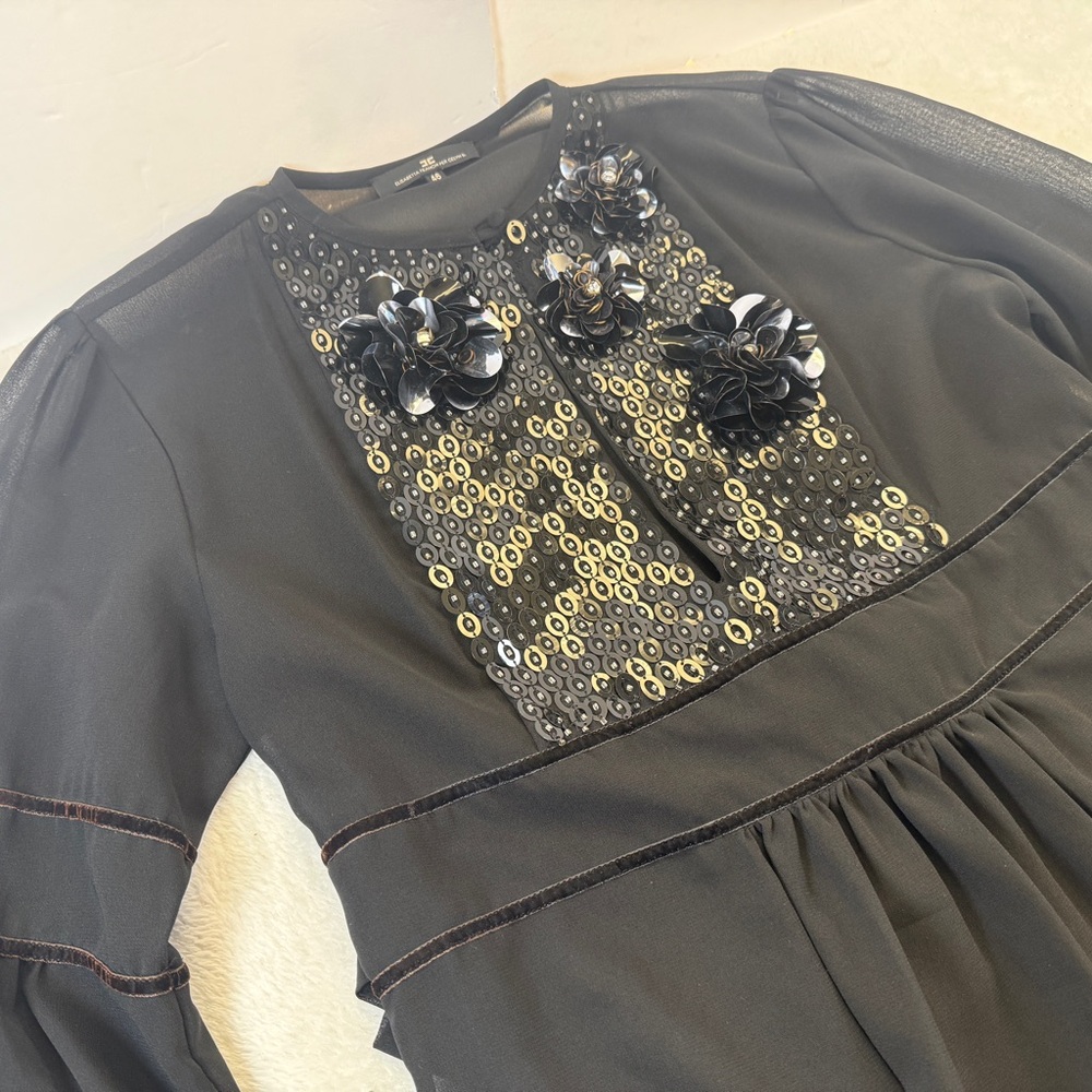 Elisabetta Franchi Celyn B black sheer blouse puffed sleeve sequined top 46 - Picture 6 of 11